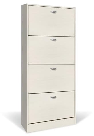 eacommerce Scarpiera in Legno Mobiletto Scaffale Organizer Scarpe Doppio Scomparto Slim (4 Ante - 63x24x150H cm, Bianco Nordico)