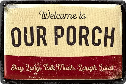 LANOLU Retro Blechschild Welcome To Our Porch - Lieblingsplatz Platz Schild in englisch, Lustige und dekorative Schilder für Garten und Balkon, 20x30cm