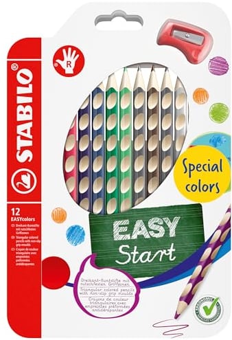 STABILO - Ergonomischer Buntstift für Rechtshänder - EASYcolors - 12er Pack mit Spitzer - mit 12 verschiedenen Farben - Spezialfarben