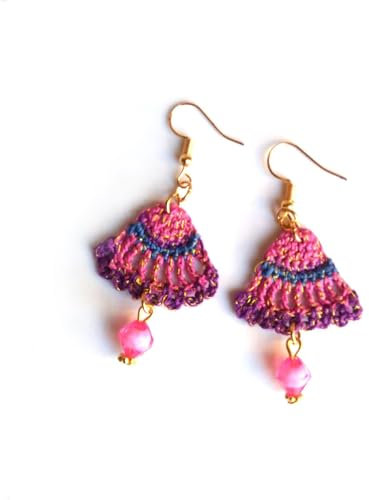 pendientes étnicos/boho, pendientes tejidos a ganchillo con cuentas de vidrio, encaje, fucsia/azul/violeta, abanico, artesanales, joyería para mujer, accesorio moda