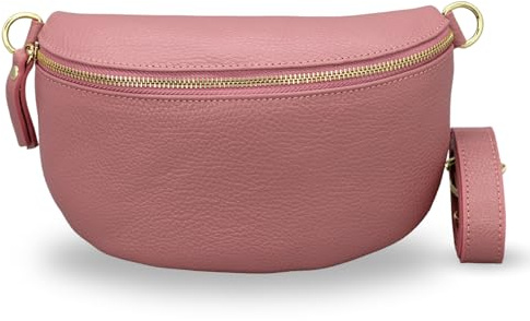 Adel Bags Emma Sac banane en cuir véritable pour femme - Doré - Fait à la main - Sac à bandoulière avec larges bretelles à motifs en option - Sac banane élégant fabriqué en Italie, Vieux rose-doré 1