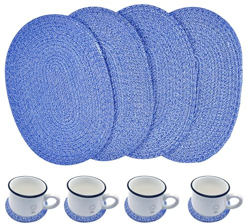 WENFOME 4 Pack Oval Woven Placemats, Mixed Blue Cotton Plate Chargers with 4 Pack Round Coasters, Thick Heat Insulation Mats Household Table Mats Braided Bowl Mats Fabric Rustic Placemats for Dining
