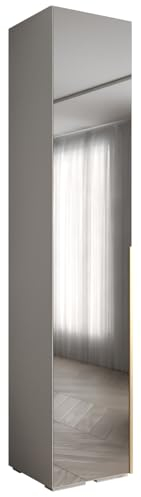 MEBLE KRYSPOL Inova 1 Moderner Schrank mit Spiegel, Regalen - Aufbewahrungsschrank für Schlafzimmer, Wohnzimmer - 236,7x50x47 cm - KGoldpusfarbe Weiß - Frontfarbe Weiß - Grifffarbe Gold