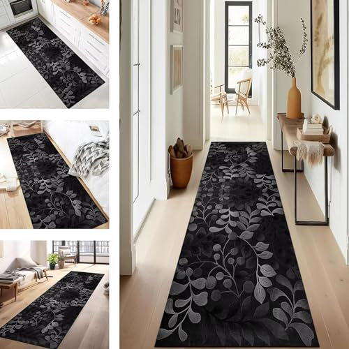 SUCERU Teppich Läufer Flur Küche rutschfest waschbar Teppichläufer Lang 120X300CM Schwarz Abstrakt Modern Design Meterware Korridor Tepiche Esszimmer Schlafzimmer Wohnzimmer Schmutzfangmatte