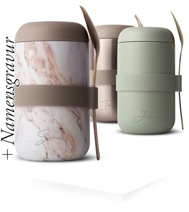 MAMEIDO Thermobehälter für Essen personalisiert 500ml, Müslibecher to go mit Namen, Thermobecher Essen mit Gravur auslaufsicher als personalisiertes Geschenk (Pearl Marble, 0,5l)