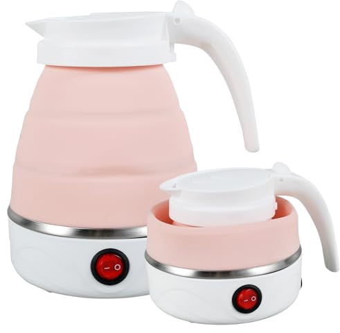 Collapsible Kettle, Foldable Small Electric Kettle, 600ML Silicone Camping Travel Kettles, Portable Mini Kettles with Separable Power Cord for Outdoor Hiking Camping Travel Picnic (pink)