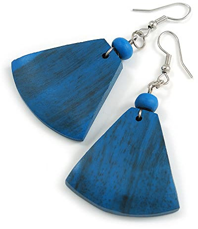 55mm Long/Blue Coloured Wood Fan Shape Drop Earrings