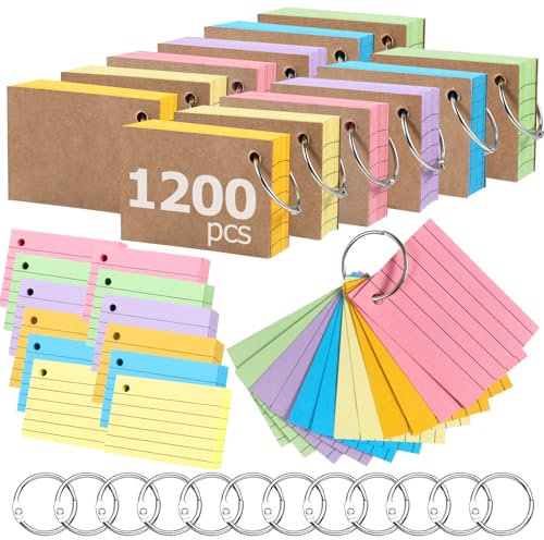 Siumir 1200 Stücke Karteikarten, Doppelseitiger Druck, A8 Lernkarten, mit Krafteinband und Loseblattring, Sechsfarbige Linierte Karteikarte, geeignet für Büros & Wohnungen & Schulen (7.4 x 5.2 cm)