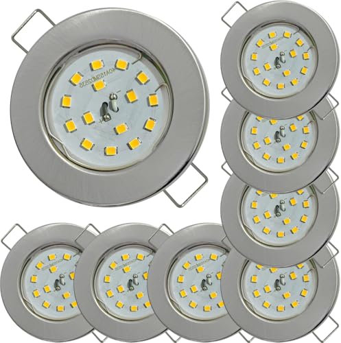 8er Set Flache SMD LED Modul Einbaustrahler | Farbe Edelstahl gebürstet | 5W | 230V | Starr | Klemmring | LED Spots für die Decke mit wenig Einbautiefe | Wohnzimmer | Küche | Schlafzimmer usw.