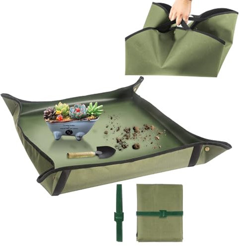 Nwvuop Tapete de trasplante de 29.5 x 29.5 pulgadas para plantas de interior, impermeable, portátil, con asas integradas, regalos de jardinería para amantes de las plantas (verde oscuro)