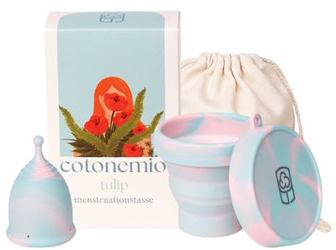 Cotonemio Tulip – S Coppetta Mestruale in 100% Silicone Medico con Sterilizzatore e Sacchetto in Cotone | Kit Coppetta Riutilizzabile, Senza BPA, Fino a 12 Ore di Protezione