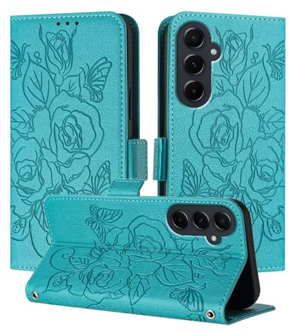IMEIKONST Kompatibel mit Samsung Galaxy A56 5G Hülle, Lederhülle Ständer Magnetverschluss Flip Brieftasche Kartenfach RFID Sperrung Schutz Handyhülle für Samsung A56 5G. Lake Blue Blumen YBH