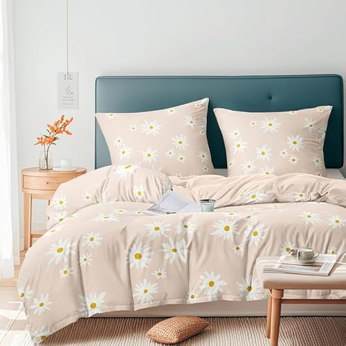 Boqingzhu Bettwäsche Blumen 135x200cm Rosa Weiß Gänseblümchen Bettwäsche Set Weich Romantisch Aesthetic Microfaser 3D Bettbezug Einzelbett mit Kissenbezug 80x80cm mit Reißverschluss