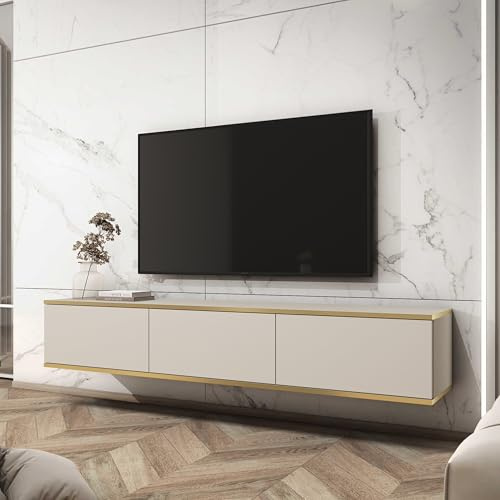Komodee Banff TV175 - TV Schrank, Beige Glatte Front, Eiche Artisan, Breite 175 cm, Höhe 30 cm, Tiefe 32 cm