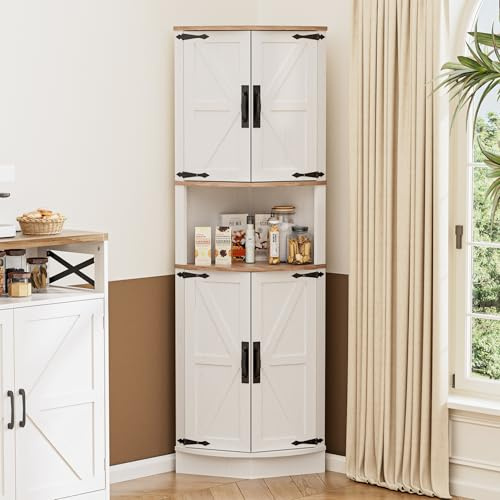 BonVache 165cm Tall Corner Storage Cabinet with Barn Doors, 5-Tier Farmhouse Corner Cabinet for Living Room, 4 Wooden Doors and 5 Shelves, Space Saving Freestanding Sideboard for Home, Kitchen,White