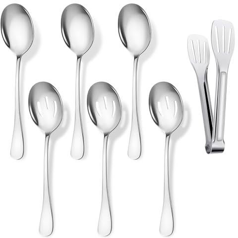 7-teilige Servierlöffel Set 22cm,3 Servierlöffel Große,3 Geschlitzte Löffel | Edelstahl Poliert Smooth Spülmaschinensicherheit Große Suppenlöffel Utensilien Besteck Set mit 1 18,5cm Küchenzange