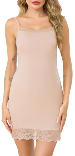 Vlazom Enaguas Enteras para Mujer,Entera hasta Rodilla y con Volante de Encaje en el Dobladillo(M,Nude)