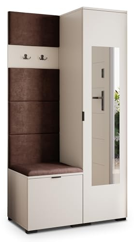 Masseno Flugarderoben Set VIRA, Kleiderschrank-Set mit Spiegel und Sitzbank, Garderobenschrank Flur mit 3 Regalböden, Kaschmir