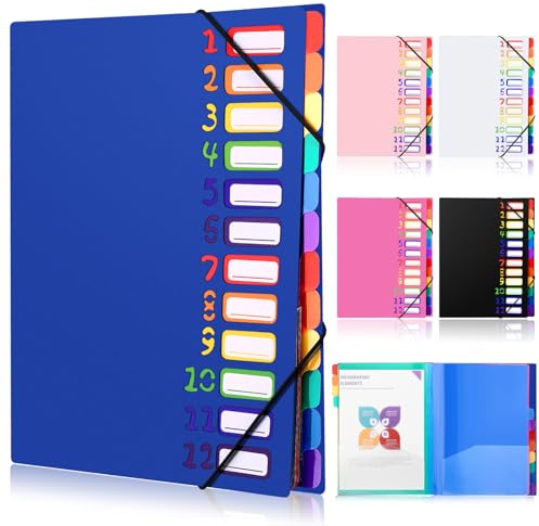 DESPOINA 12 Compartiments A4 Rangement Papier Administratif, Dossier Rangement, Trieur Document Pochette en Papier, Organiseur 180° Lay-Flat avec Bande Élastique (Bleu)
