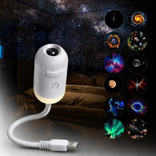 Pipihome Galaxy Projector Night Light, USB Galaxy Star Projector with 12 Sliding Projection Films, 360° Starry Sky Night Light Projector for Bedroom Ceiling Wall Room Decor