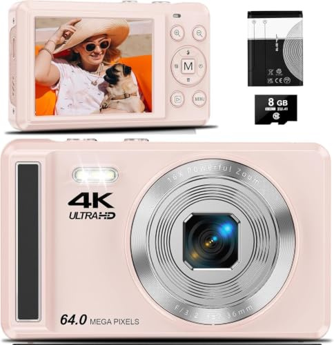 4K Digitalkamera, 64MP 2.8“ UHD Kompaktkameras | Autofokus Vlogging Kamera mit Micro-SD-Karte & Akku, Tragbare Reisekameras mit 16X Digitalzoom für Anfänger Jugendliche