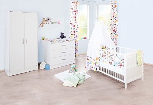 PINOLINO Kinderzimmer Viktoria breit, 3-teilig, Kinderbett (140 x 70 cm), breite Wickelkommode mit Wickelansatz und Kleiderschrank, weiß (Art.-Nr. 10 00 22 B)