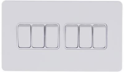 Schneider Electric Ultimate Screwless Flat Plate - 6 Gang Rocker 2 Way Light Switch, Single Pole, 16AX, GU1462WPW, Painted White with White Insert