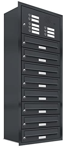 AL Briefkastensysteme, 8er Unterputzbriefkasten mit Klingel in Anthrazit Grau RAL 7016, 8 Fach wetterfeste Briefkastenanlage Design modern