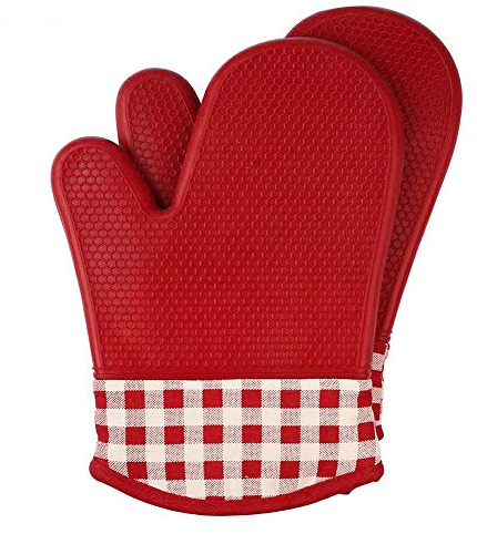 Jonhen Guanti da forno resistenti al calore con fodera in cotone, presine in silicone per cucina, cucina, cottura, barbecue, colore rosso, taglia L