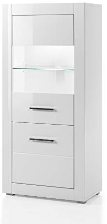 Newfurn Vitrine Vitrinenschrank Modern Holzvitrine II 65x142x 65 cm (BxHxT) II [Hanna.one] in Weiß/Weiß Hochglanz Wohnzimmer Schlafzimmer Esszimmer Flur Diele