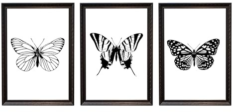 Din A4 Kunstdruck 3-teilig ungerahmt - Schmetterling Butterfly Falter Zeichnung Grafik schwarz, Deko, Geschenk Druck Poster Bild