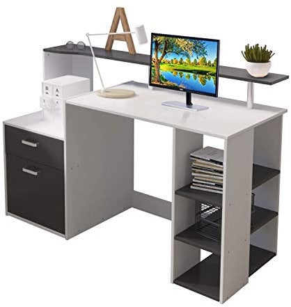 Outwin Corner Desk Folding Wood Computer Desk with Drawers/Shelves Storage, Modern Home Office Study Gaming Table PC Laptop Workstation. (White& Black)