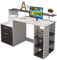 Outwin Corner Desk Folding Wood Computer Desk with Drawers/Shelves Storage, Modern Home Office Study Gaming Table PC Laptop Workstation. (White& Black)