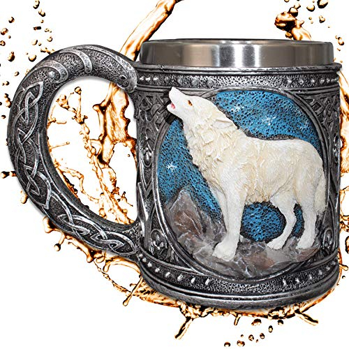 Deko Krug ''Wächter des Nordens'' - Weißer Wolf vor Sternenhimmel - 350ml - Höhe 10 cm- Fantasy Mystik Dekoration