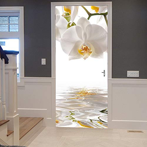 A.Monamour Türtapete Selbstklebend Türfolie Türposter 3D Weiße Orchideen Blumen Auf Dem Wasser Zen Meditation Vinyl Folie Türdeko Tapete Wandbild Türaufkleber Türtattoo 77 x 200 cm