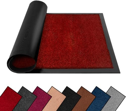 FB FunkyBuys Washable Dirt Trapper Door Mats Indoor & Outdoor, Heavy Duty Non Slip Doormats, Rubber Backed Floor Mat, Super Absorbent Front Door Mat, Entrance Rug (Red-Plain, 60cm x 90cm)