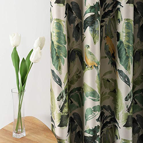 Leeva Room Darkening Heavyweight Curtains for Sliding Door, Thermal Insulated Green Leaves Macaw Print Blackout Window Treatment Decor Drapes for Bedroom, 2 Panels, 52 x 84