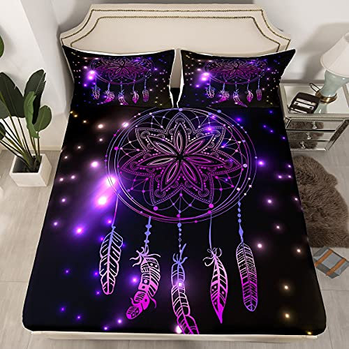 Loussiesd Lila Traumfänger Spannbettlaken 90x200cm Mädchen Frau Böhmen Feder Bettlaken Set Stammes Exotisch Mandala Traumfänger Spannbetttuch mit 1 Kissenbezug