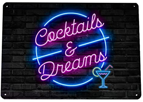 Cocktails & Dreams Metall-Barschild | Neonpinkes Cocktail-Logo | Hausbar-Accessoires, Cocktail-Dekor, Barzubehör, Geschenk