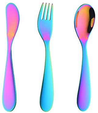 Rainbow Children Cutlery Metal, 3 Pcs Stainless Steel Kids Flatware Set with Knife/Fork/Spoon, Todler Silverware Healthy & Mirror Polished, Dishwasher Safe