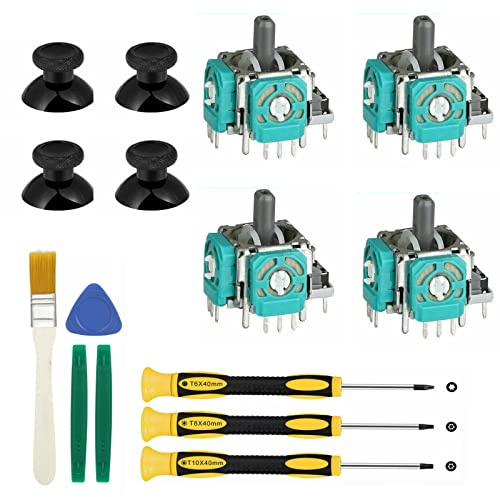 Replacement Thumbsticks for Xbox One S/X Controller, 4pcs 3D Joystick Parts Analog Caps with Full Repair Tools Kit, T6 T8 T10 Screwdriver Compatible with Xbox One S/X Controller