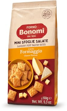 Forno Bonomi, Mini Sfoglie al gusto formaggio. Snack pronti da gustare per una pausa o per un aperitivo sfizioso con gli amici. Confezione da 150 grammi.
