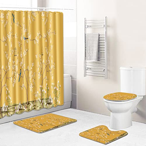 Badezimmerteppich Vintage Senfgelb Badematte Set 3 Teilig,Teppich Badvorleger rutschfeste (45x75)+U-Typ Wasseraufnahme Schmutzfangmatte +Schnelltrocknend Toilet Fußmatte