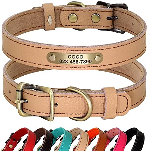 PET ARTIST Personalisiertes Hundehalsband aus echtem Leder, leicht und weich, 7 schöne Farben, langlebig für Welpen und kleine Hunde, Hellbraun, M
