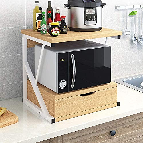 RVEE 2-Tier Kitchen Baker's Rack with 1 Drawer, Microwave Oven Rack Kitchen Counter Storage Organizer, Wood Kitchen Shelf Rack (2-Tier Light Walnut)