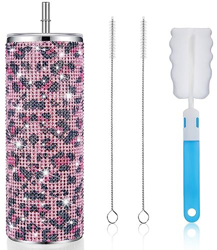 Tessco Bling Cups Rhinestones Tumbler with Straw Glitter Water Bottle Stainless Steel Straw Tumbler Insulated Bling Cup with Lid Brush for Teacher Graduation Season Gifts(20 oz,Pink Leopard Print)