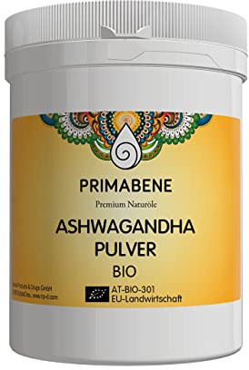 Primabene Ashwagandha (Withania somniferia) Pulver BIO Qualität - 100% naturrein,vegan,milder - erdiger Geschmack. Ideal für Smoothies/Säfte/Moon Milk. Stressreduktion & mehr Energie (100 gr)