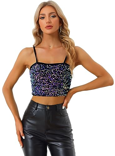 Allegra K Damen Weihnachten-Kostüm Pailletten Oberteil Ärmellos Tanktop Spaghettiträger Glitzer Cami Party Crop Top Schwarz Lila XS