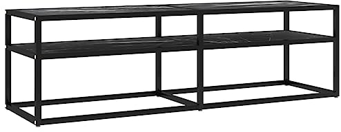 Makastle Lowboard TV Möbel Tisch TV-Ständer TV Schrank TV-Board TV-Bank mit 1 offenes Regal, Fernsehtisch Fernsehschrank für Wohnzimmer & Schlafzimmer, Schwarz Marmor-Optik 140x40x40,5 cm Hartglas
