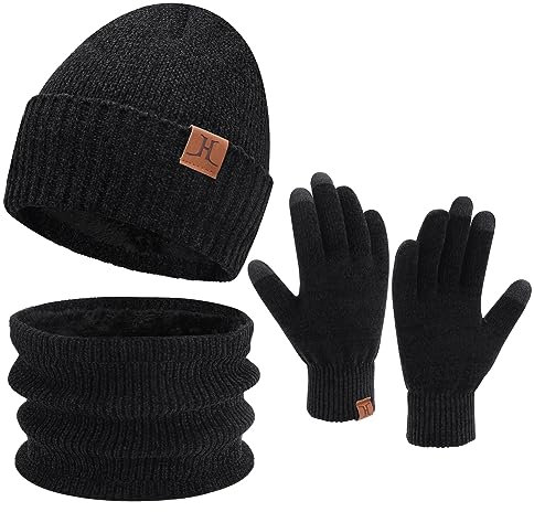ZASFOU Damen Herren Winter Mütze Schal Touchscreen Handschuhe Set Thermo Chenille Beanie Wintermütze Loop Schal Schlauchschal Winterhandschuhe Geschenk für Männer Frauen